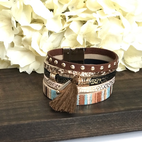 Leather Layered Tassel Bracelet, Brown - Picture 3 of 4